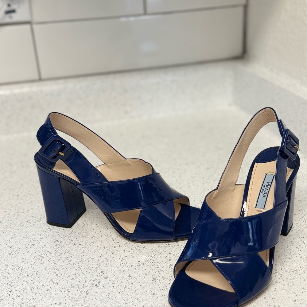 Prada Navy Patent Leather Crisscross Slingback Heels